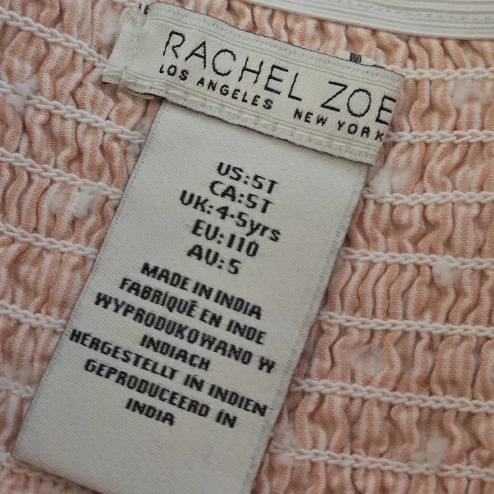 Rachel‎ Zoe Girls Peach Striped Clip Dot Smocked Dress 5T Long Sleeve Lace Trim